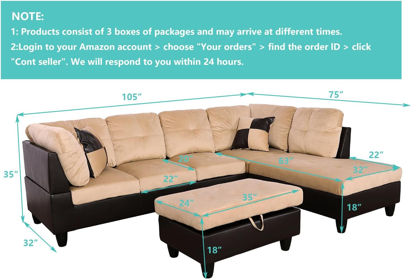 Beige 105 Inch L Shaped Sectional Sofa With Storage Ottoman