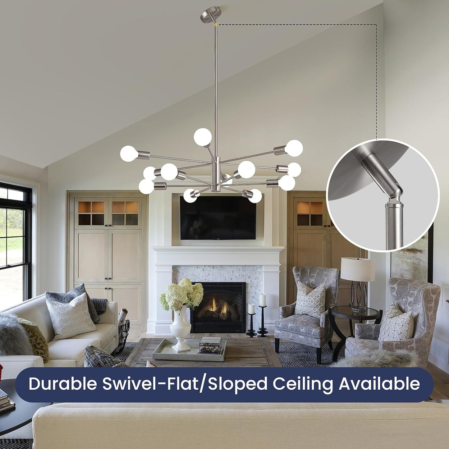 Sputnik 12 Light Brushed Nickel Chandelier For Dining Room in a stylish living area with swivel-sloped ceiling options.