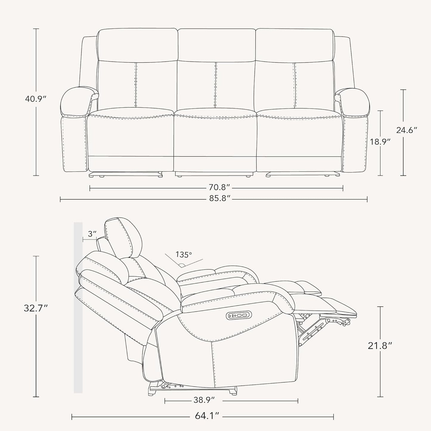 Navy Genuine Leather Power Recliner Sofa With USB Type C