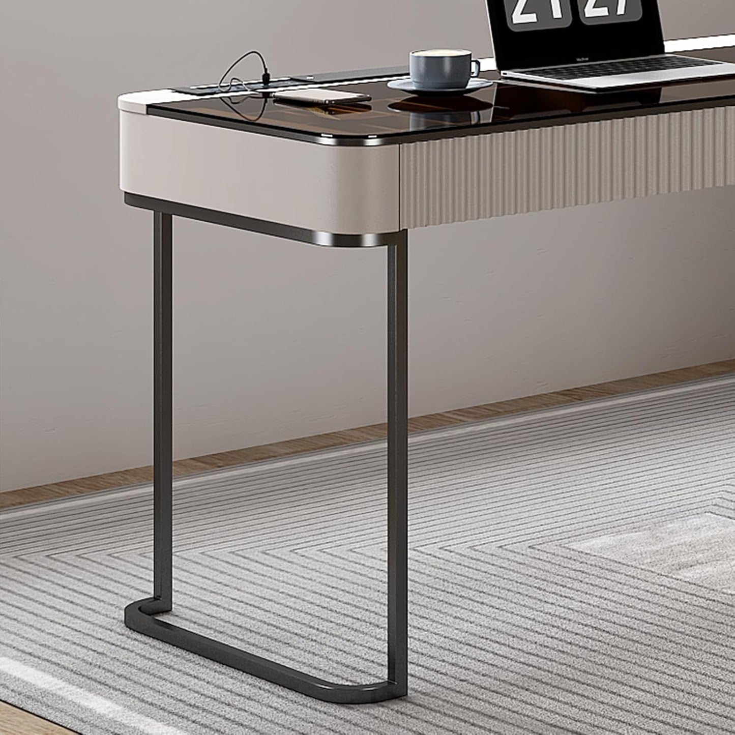 Ivory 50 Inch Office Computer Desk With Cabinet LED lights