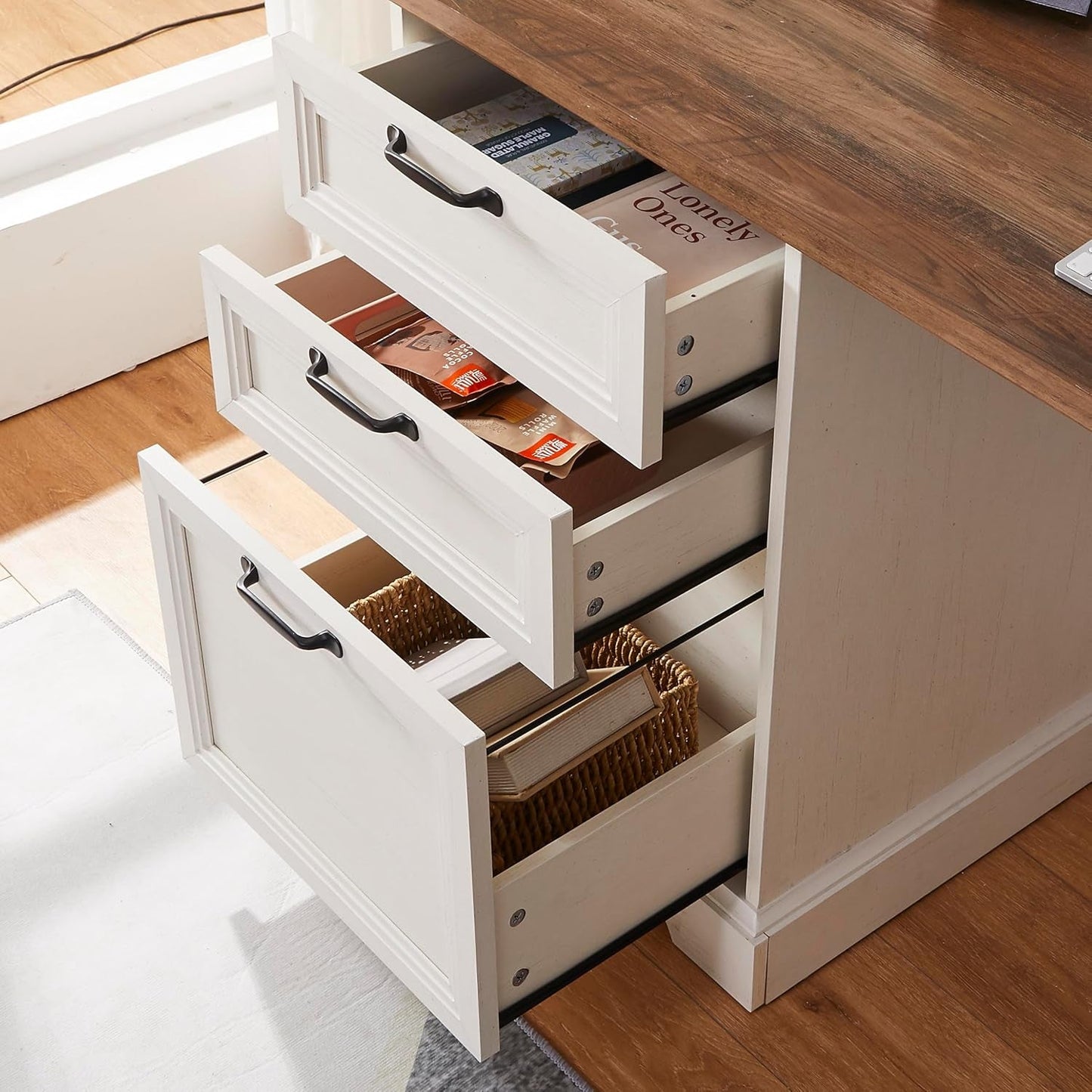 60 Inch L Shaped Desk With Farmhouse Cabinetry Storage