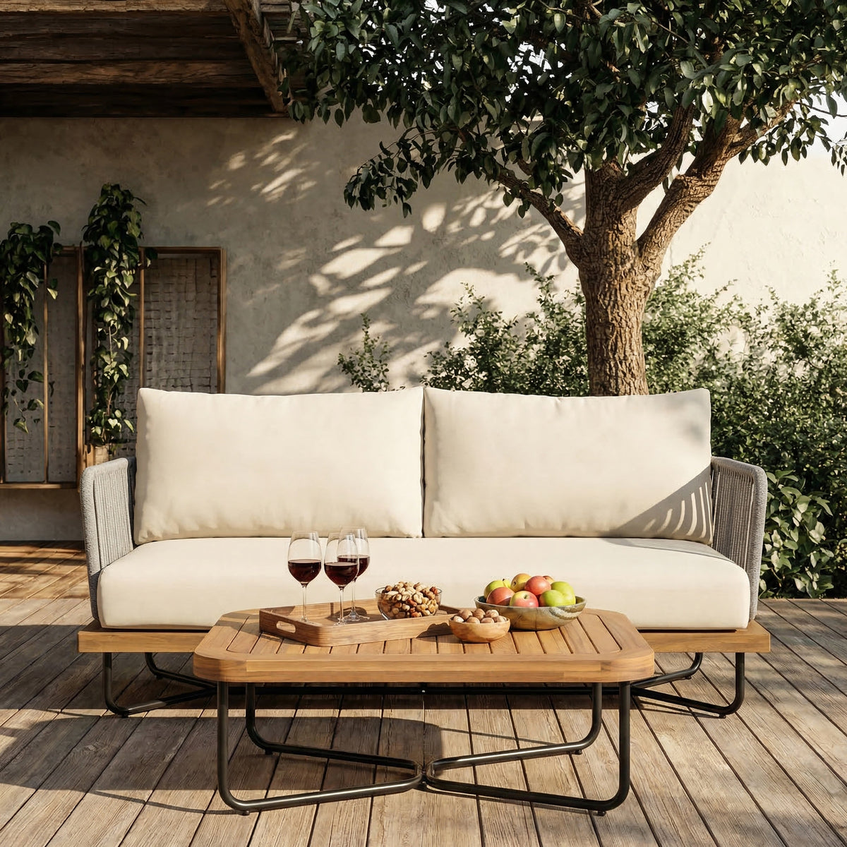 Lucca Outdoor Acacia Wood Rope Woven Sofa Sectional Set
