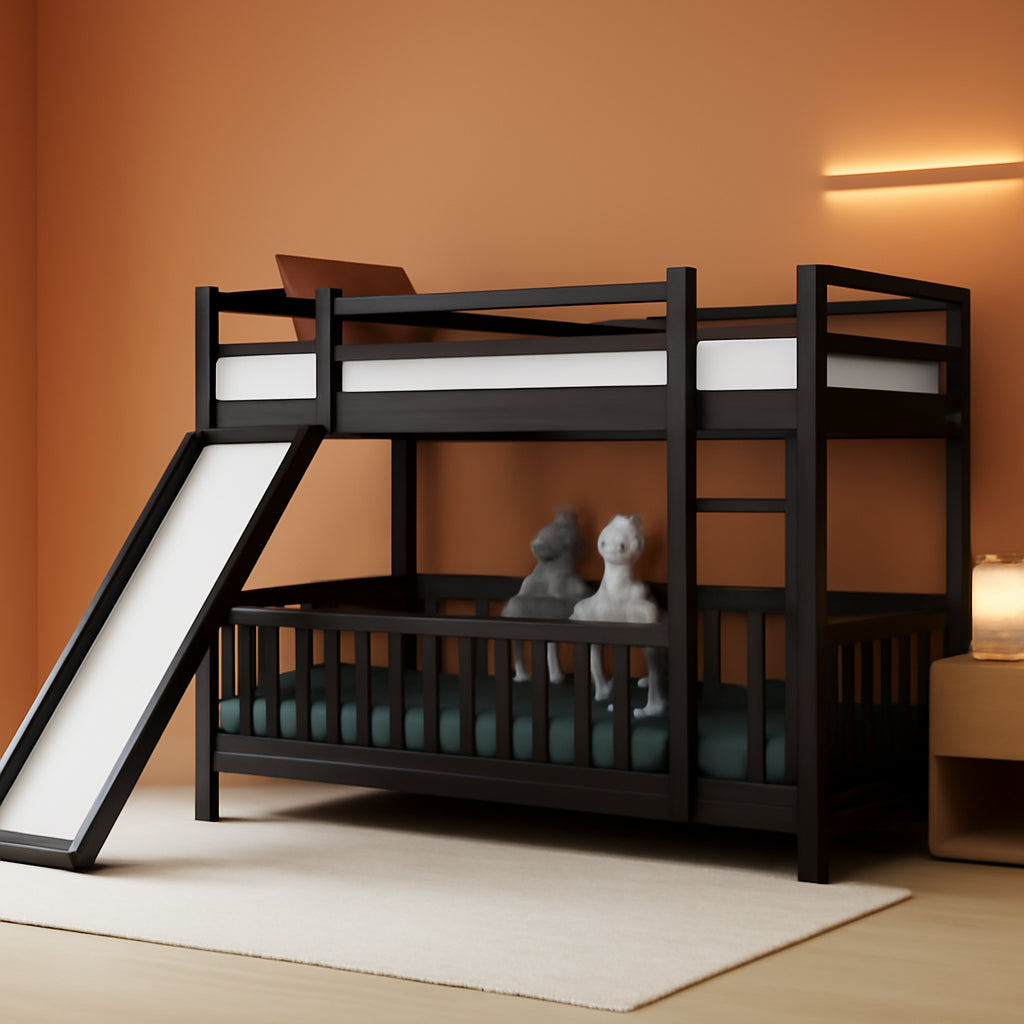 Twin Over Twin Floor Bunk Bed With Slide And Ladder