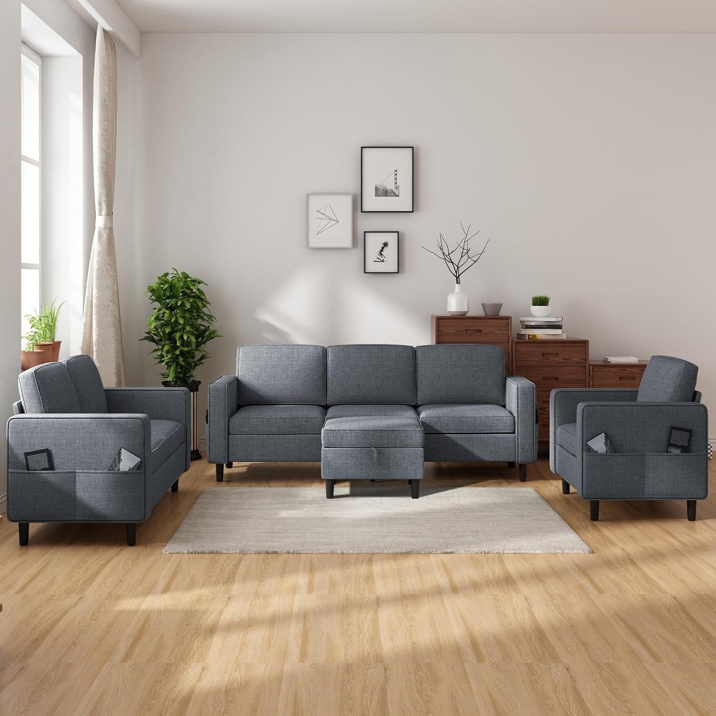 6 Seater Sectional Sofa In Dark Grey Linen With Ottoman