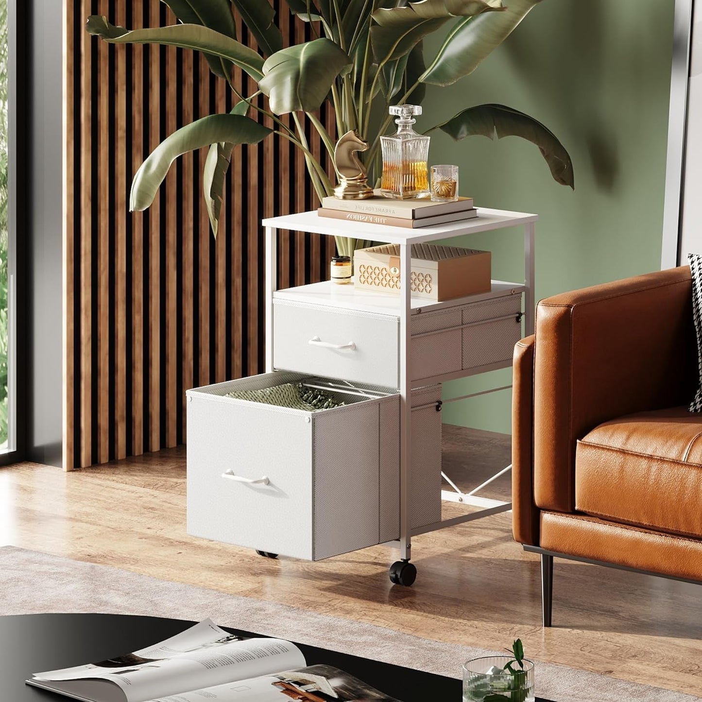 2 Drawer Fabric Vertical Filing Cabinet With Rolling Printer Stand For Home Office White