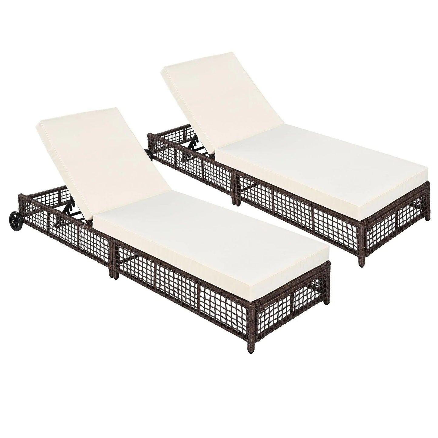 Outdoor Lounge Chair, Patio Chaise Lounge with 5-Position Backrest, Rattan Outdoor Lounge Chair with Cushion and Wheels for Poolside, Backyard, Garden
