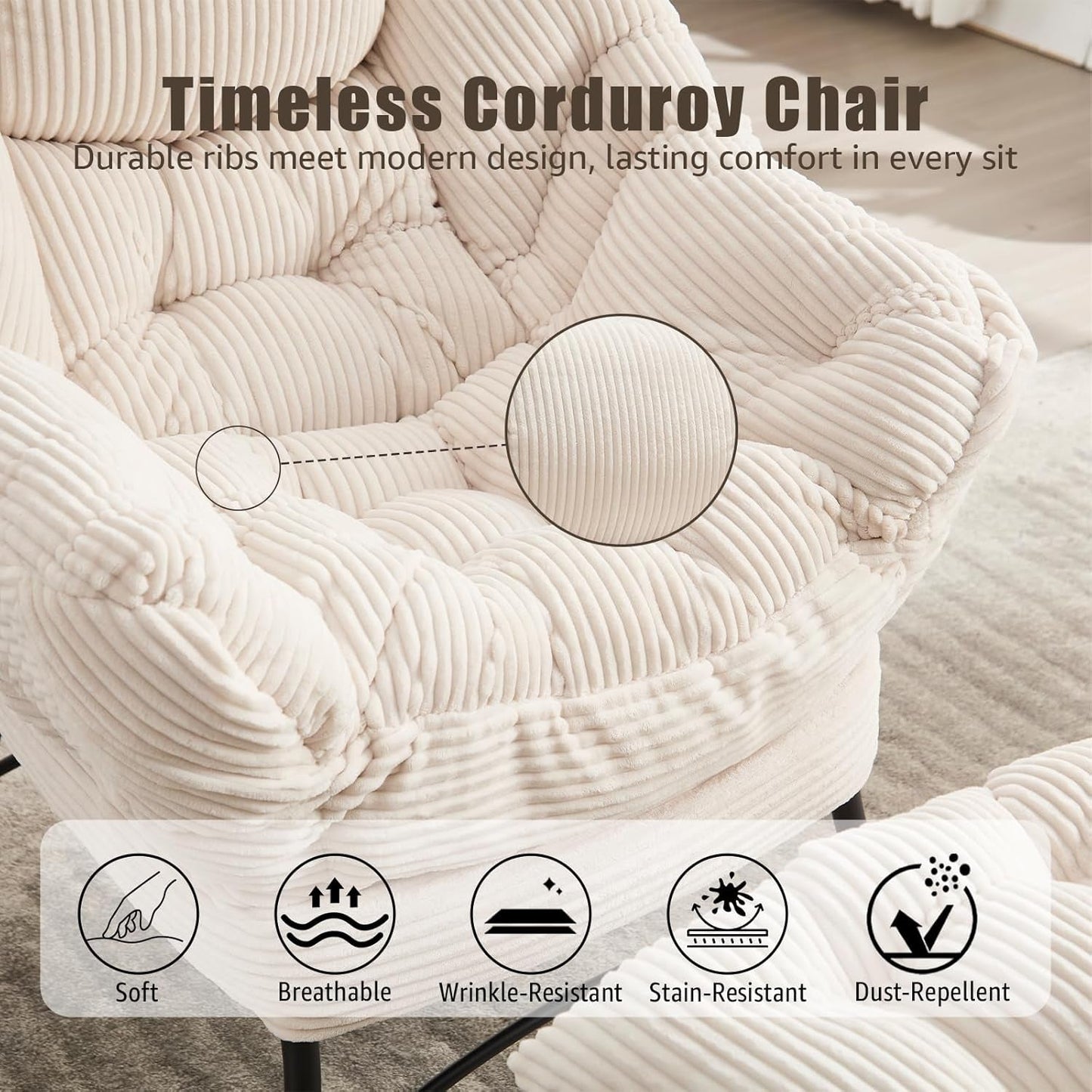 Oversized Corduroy White Reading Chair With Ottoman