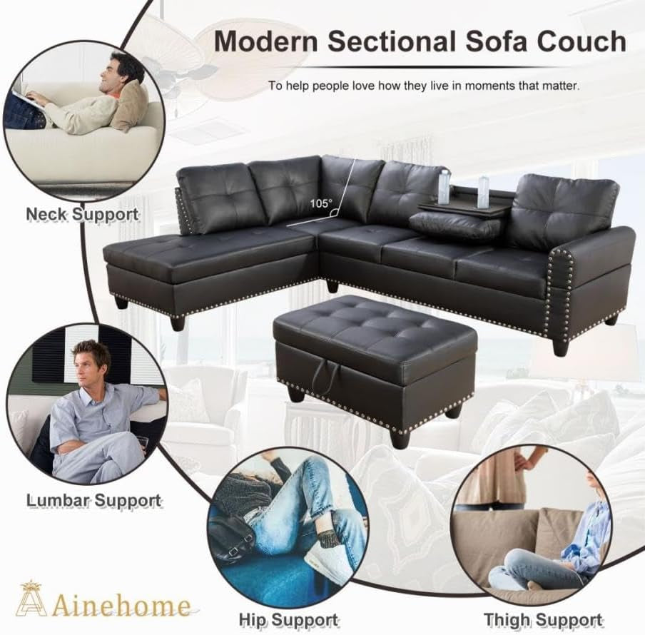 Gray L Shaped Sectional Sofa With Cup Holders And Chaise