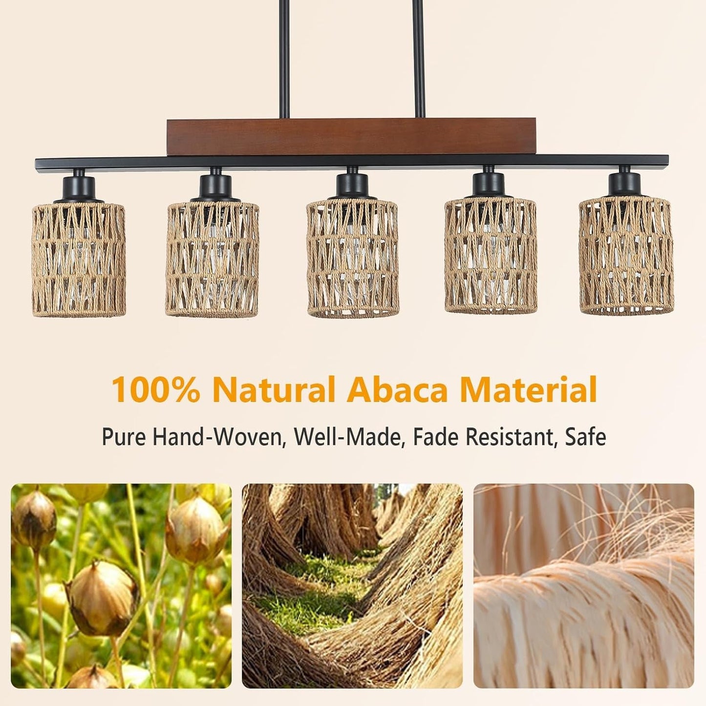 Rattan Farmhouse 5 Light Linear Chandelier Black Lighting showcasing natural abaca material and hand-woven craftsmanship.