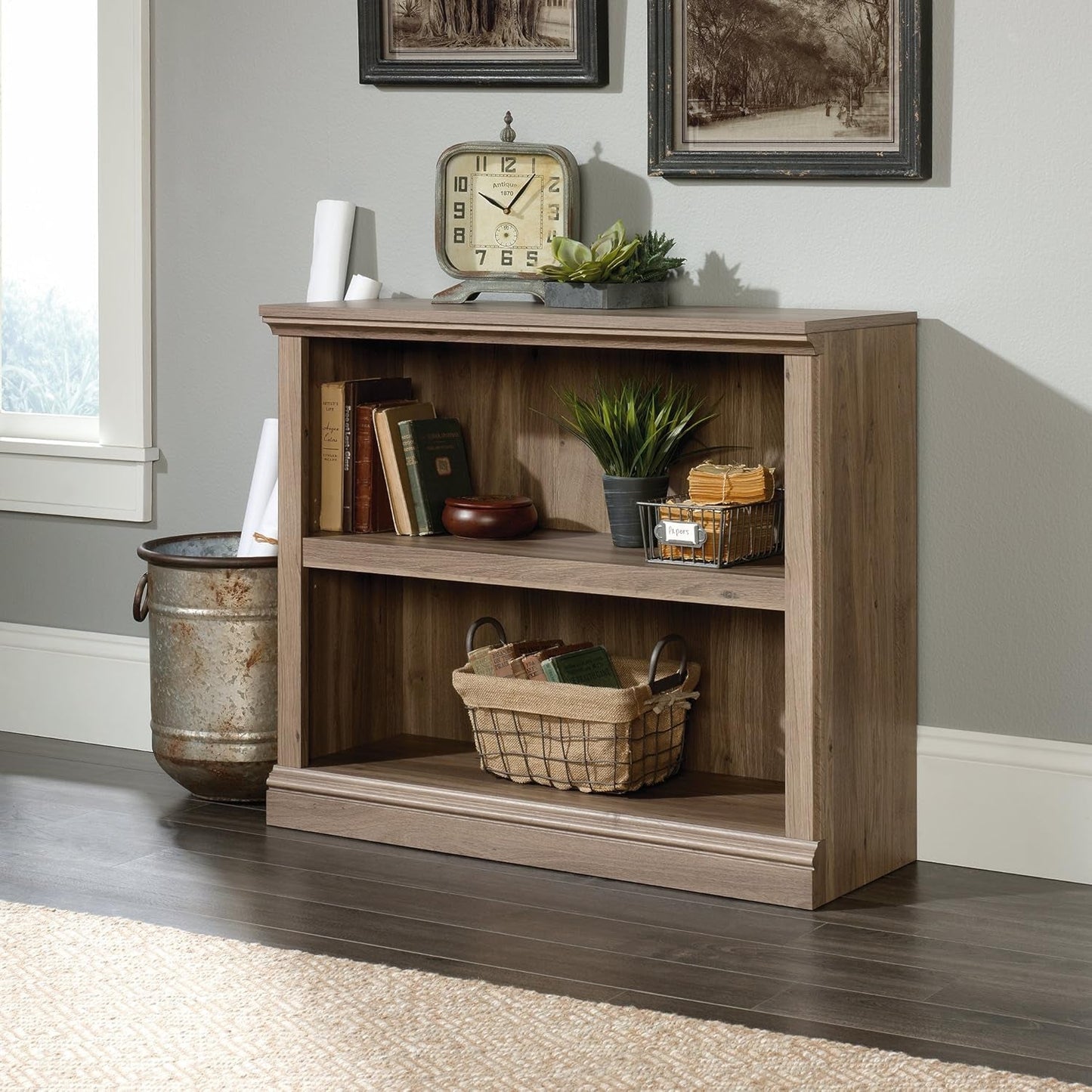 Two Tier Wooden Bookcase Salt Oak Multipurpose Bookshelf For Home Office And Living Room