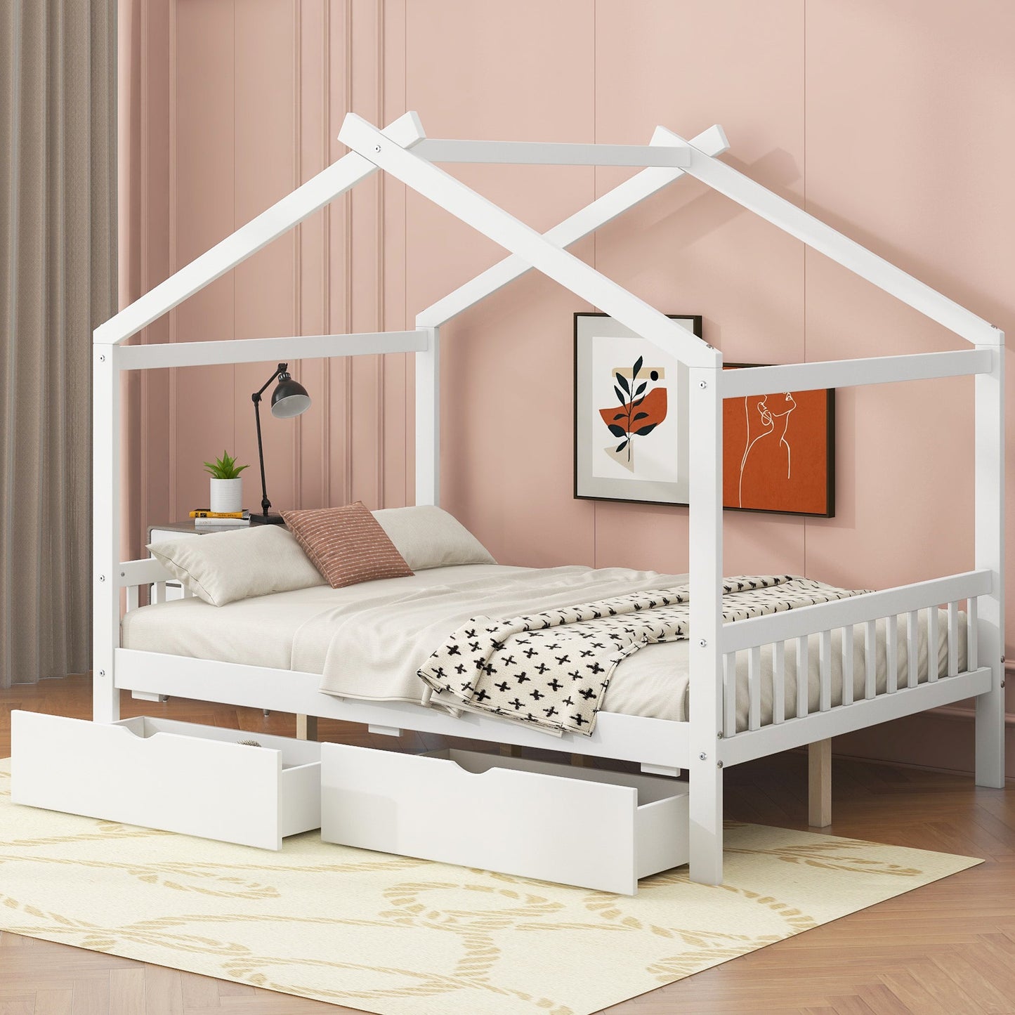 Full Size House Platform Bed with Two Drawers, Headboard and Footboard, Roof Design
