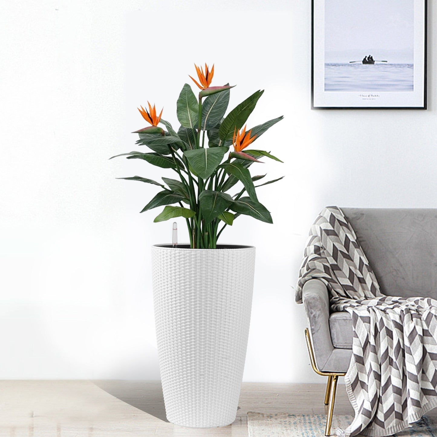 Faux Rattan Tall Planters Set with Water Level Monitor and Automatic Watering, White, Polypropylene, 22 Inch