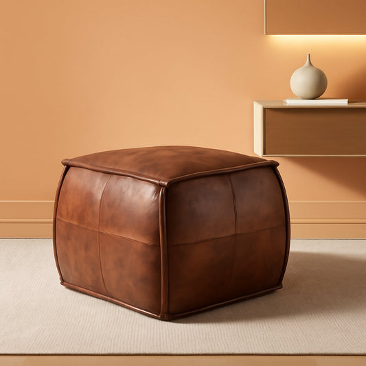 Authentic Brown Leather Ottoman Square Memory Foam