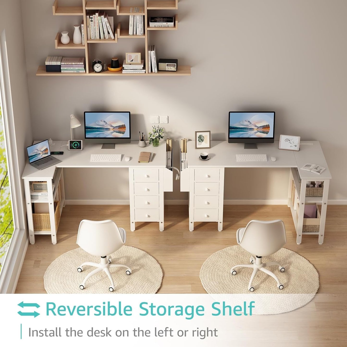 White 47 Inch L Shaped Corner Desk With Reversible Storage