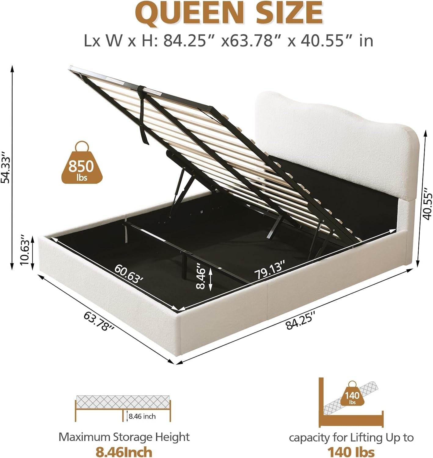 Queen Size Lift Up Storage Bed Curved Headboard Upholstered