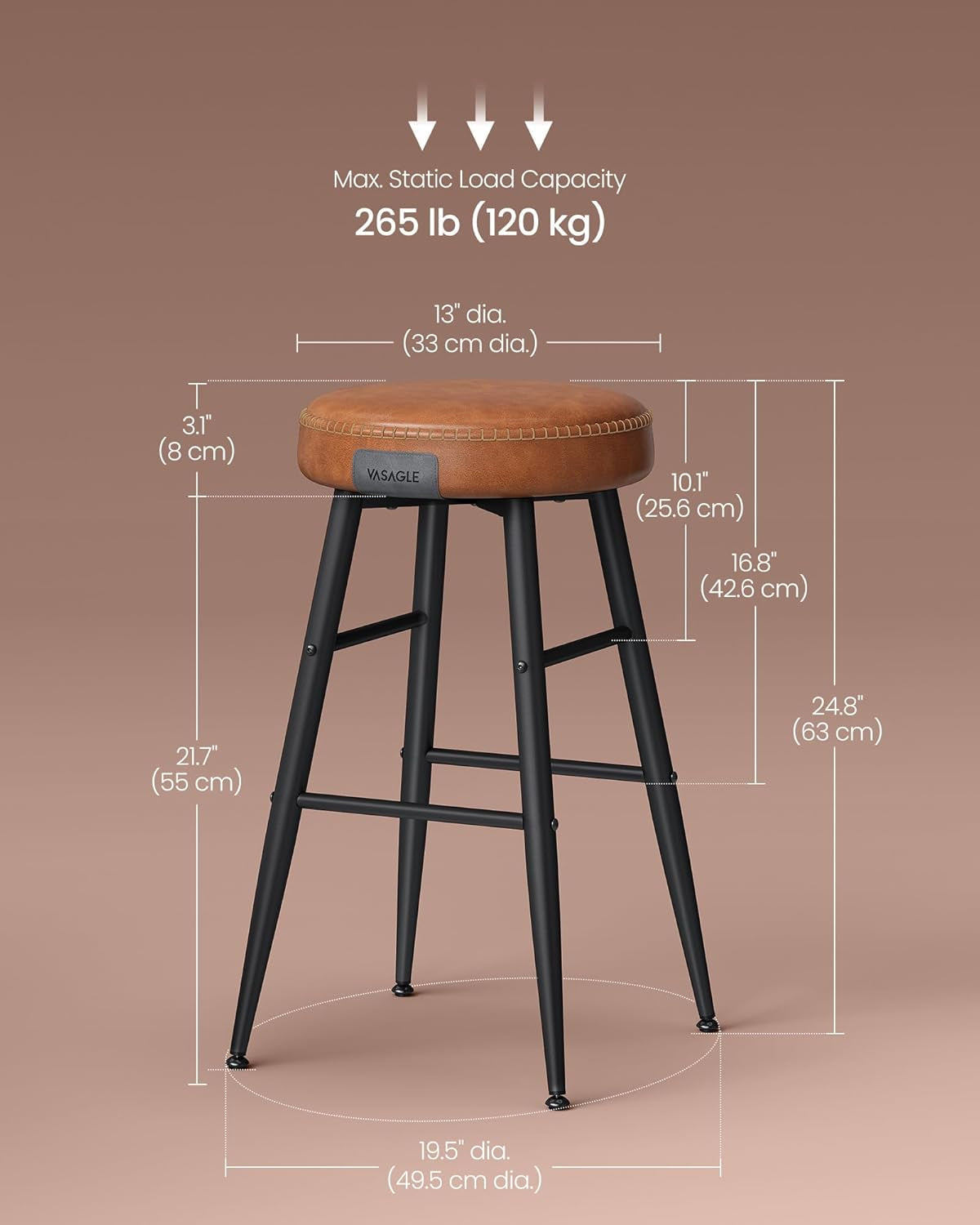 EKHO Backless Counter Height Bar Stools Set Of 2 24.8 Inch Tall Caramel Brown