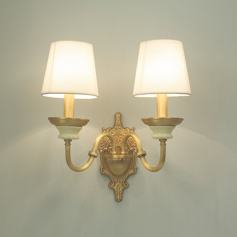 White and Brass Fabric Wall Mounted Light - Minimalist Tapered Wall Sconce