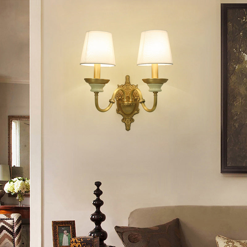 White and Brass Fabric Wall Mounted Light - Minimalist Tapered Wall Sconce
