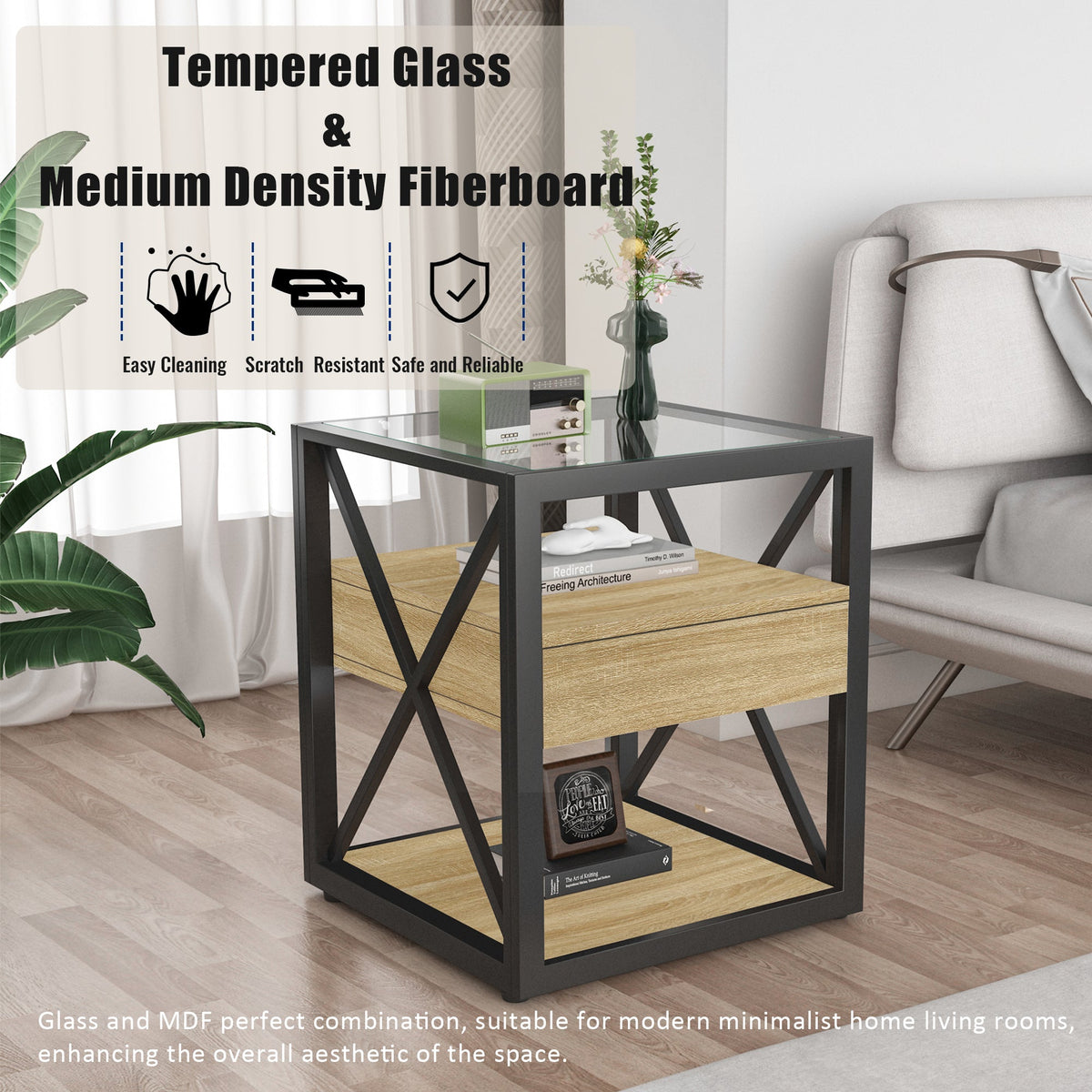 Set of 2 Modern End Table with Drawer - Nightstand for Bedroom & Living Room