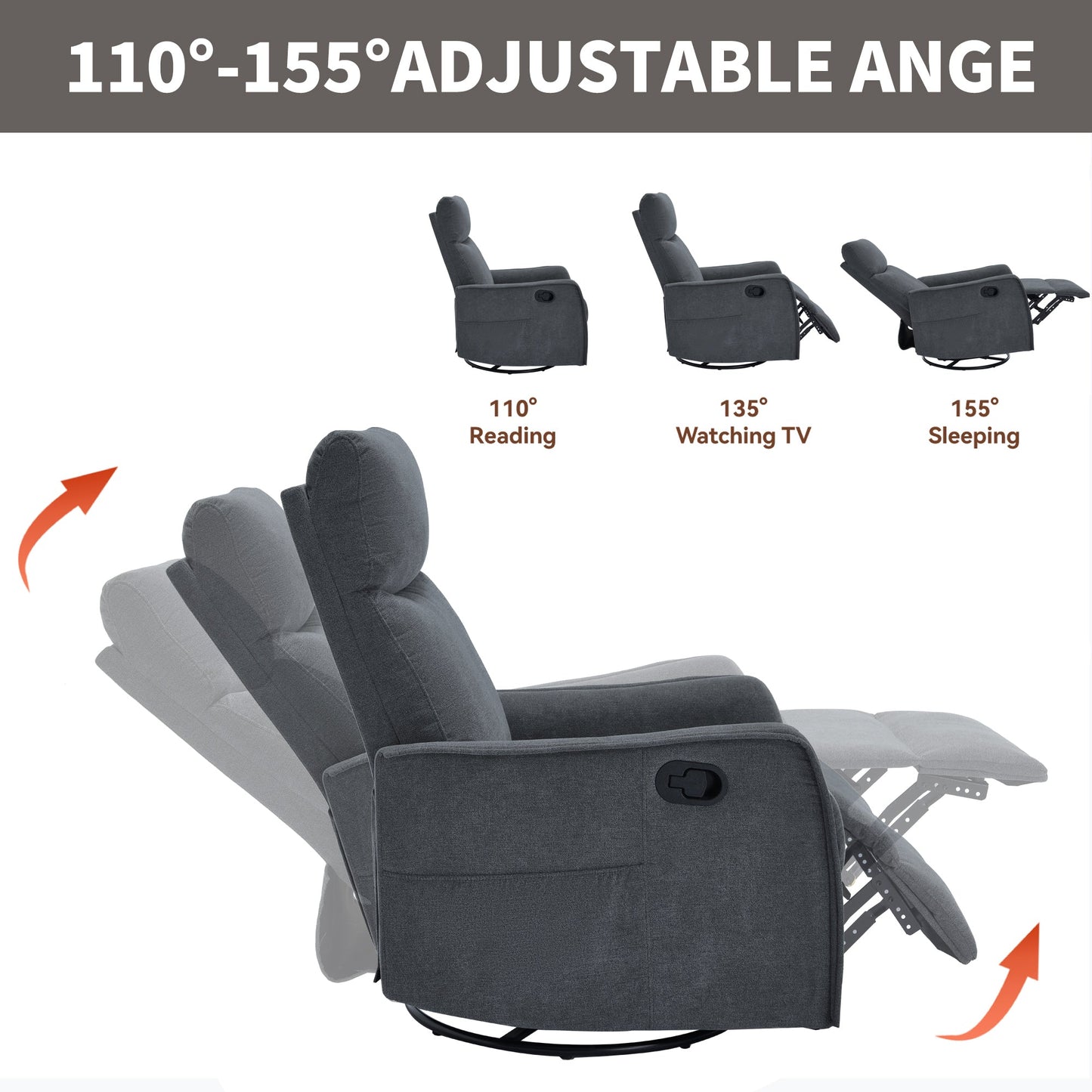 Heat Massage Manual Recliner Chair with Rocker and Swivel in Fabric for Living Room, Grey