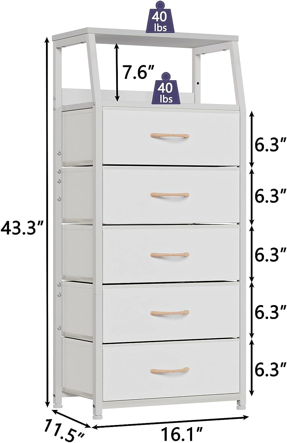 White Dresser With 5 Drawers And Wood Top Bedroom Storage