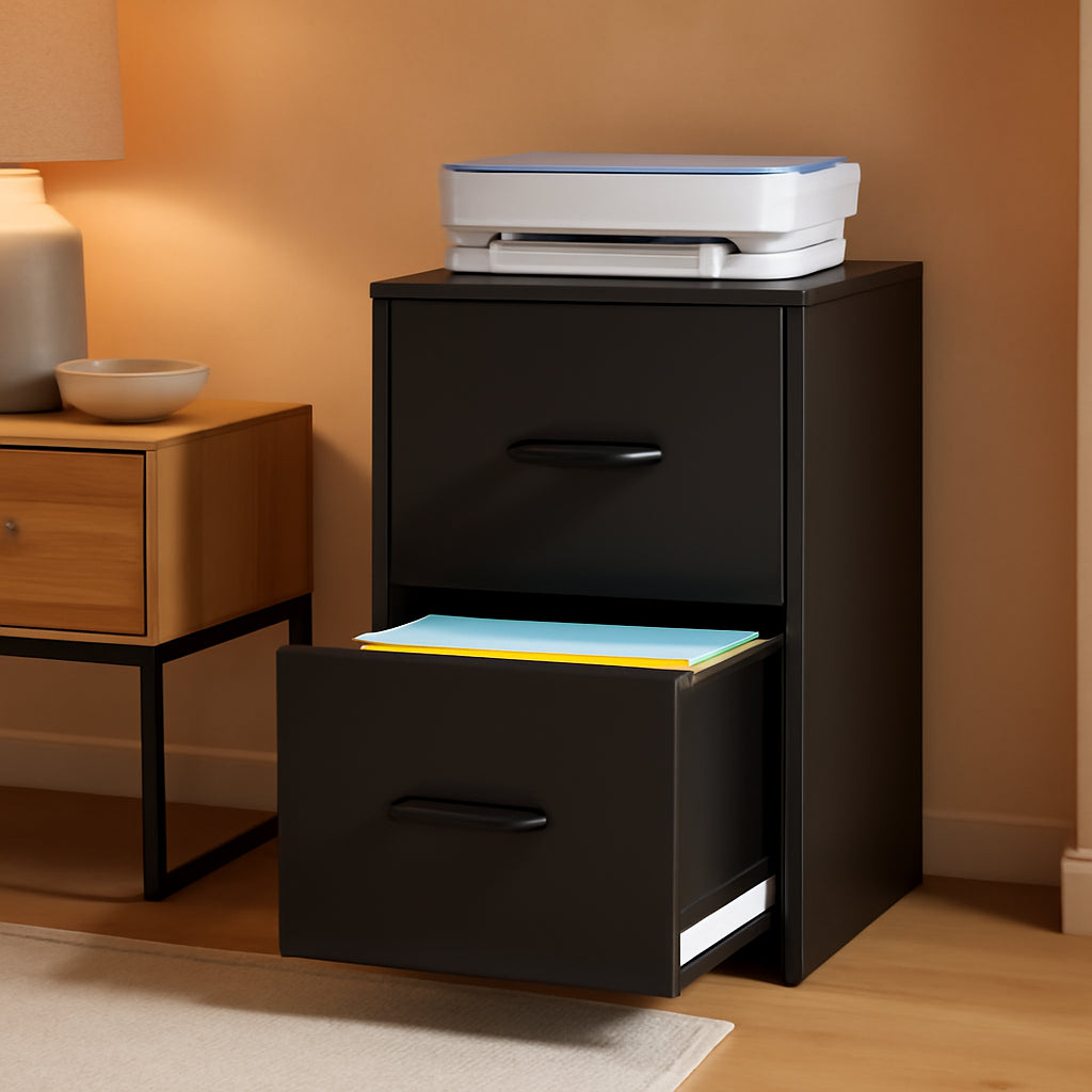 Two Drawer Locking Steel File Cabinet for Home Office Vertical Letter Size Black