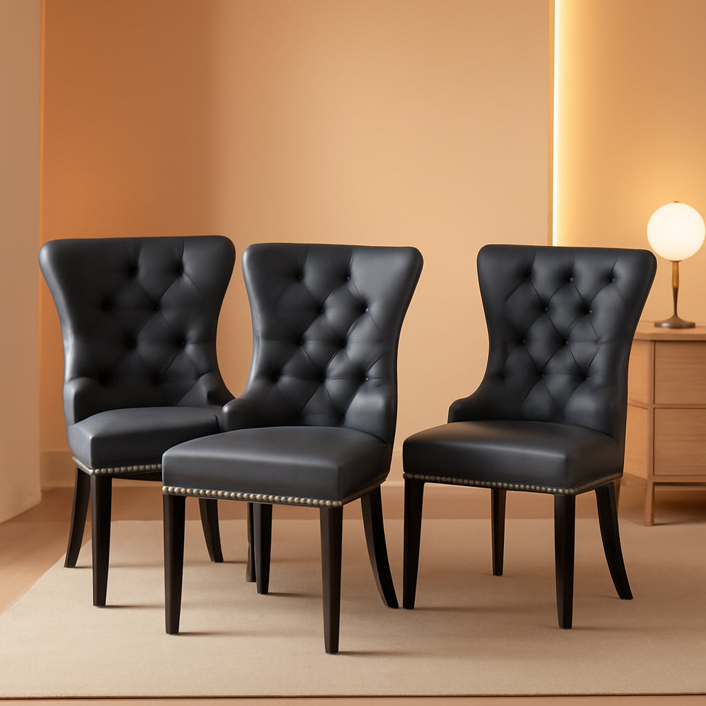 Leather Dining Chairs Set Of 4 Wingback Upholstered With Nailhead Trim Black