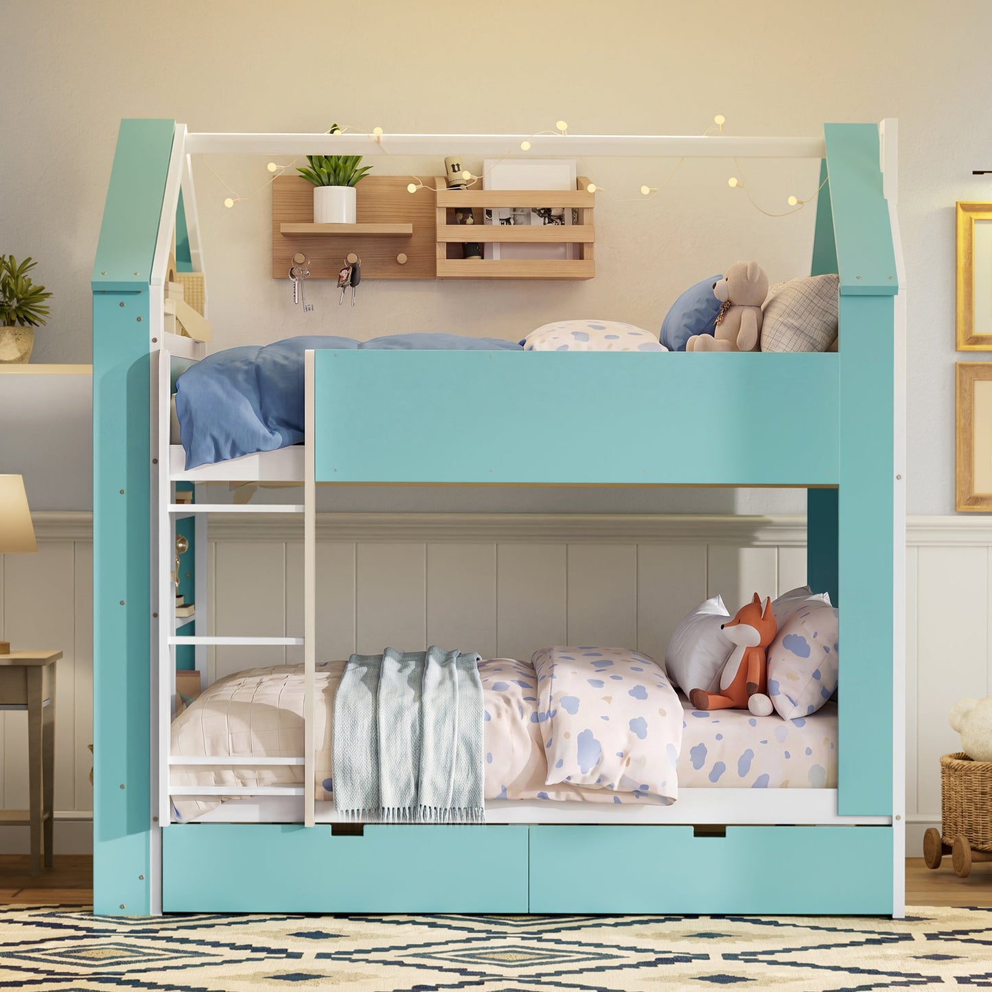 Full Size Bunk Bed with Storage Drawers & Shelves