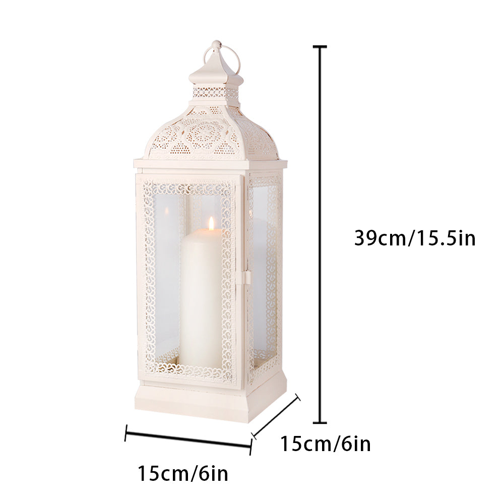 Rustic Metal Decorative Candle Lantern Hanging Candle Holder with Tempered Glass White displayed with candle inside.