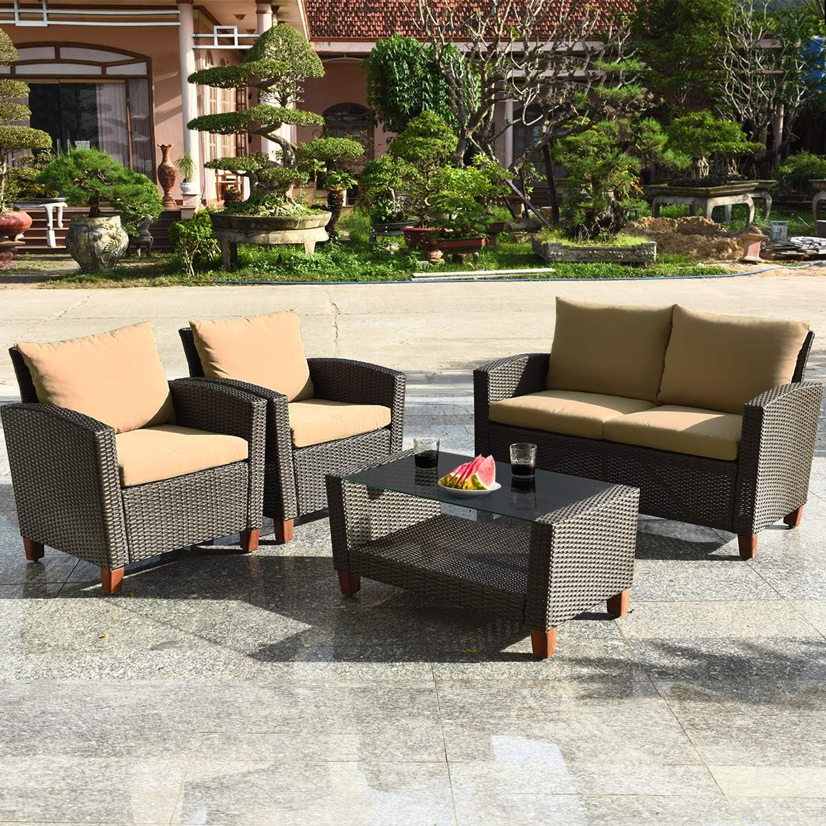 Patio Rattan Furniture Set 4 Piece Beige For Outdoor Use