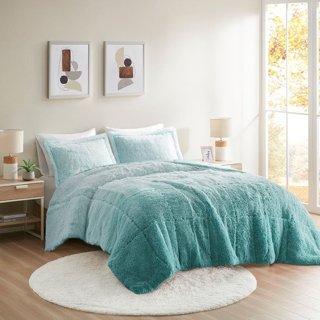 Full/Queen Ombre Shaggy Long Fur Comforter Mini Set