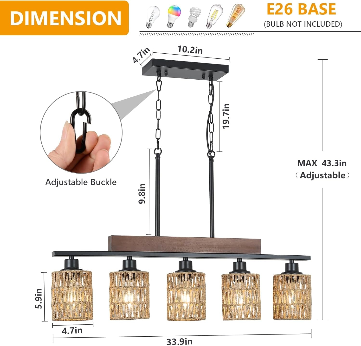 Rattan Farmhouse 5 Light Linear Chandelier Black Lighting dimensions with adjustable height and E26 base.