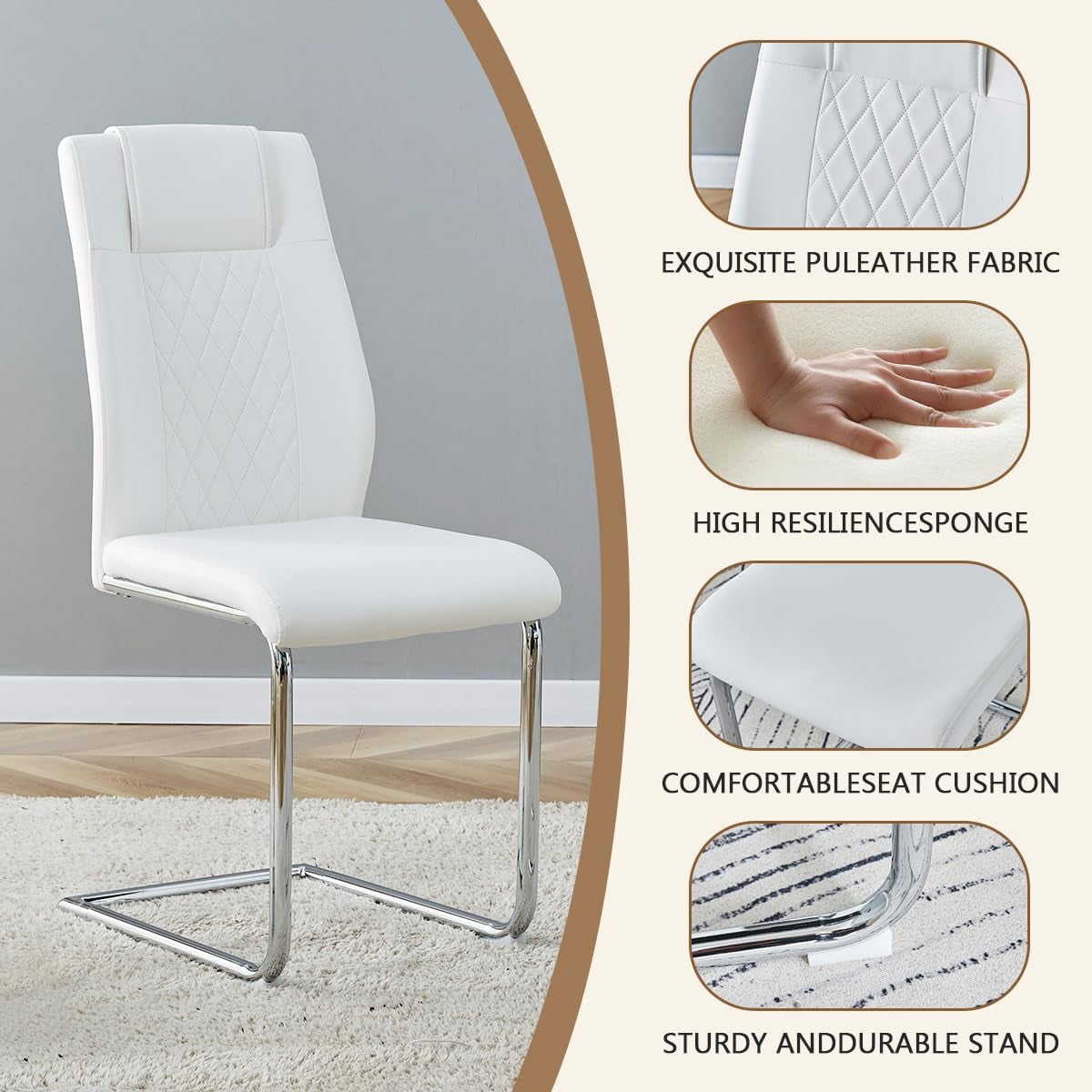 White Faux Leather Dining Chairs Four Pack Chrome Finish
