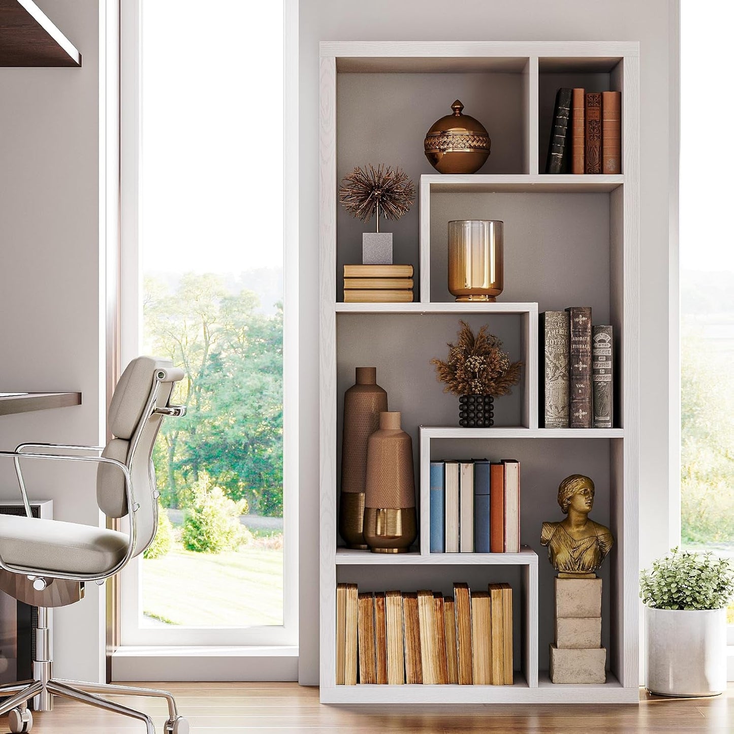 Geometric 6 Shelf Industrial Bookcase White Tall Storage