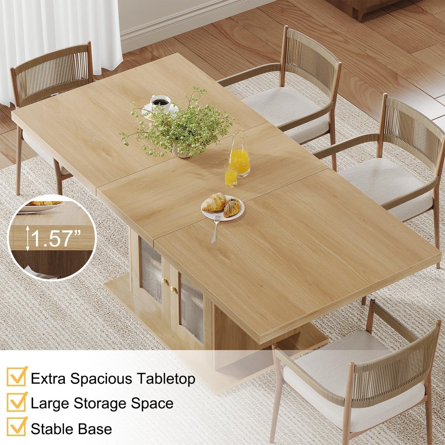 63 Inch Light Oak Farmhouse Dining Table For Four To Six