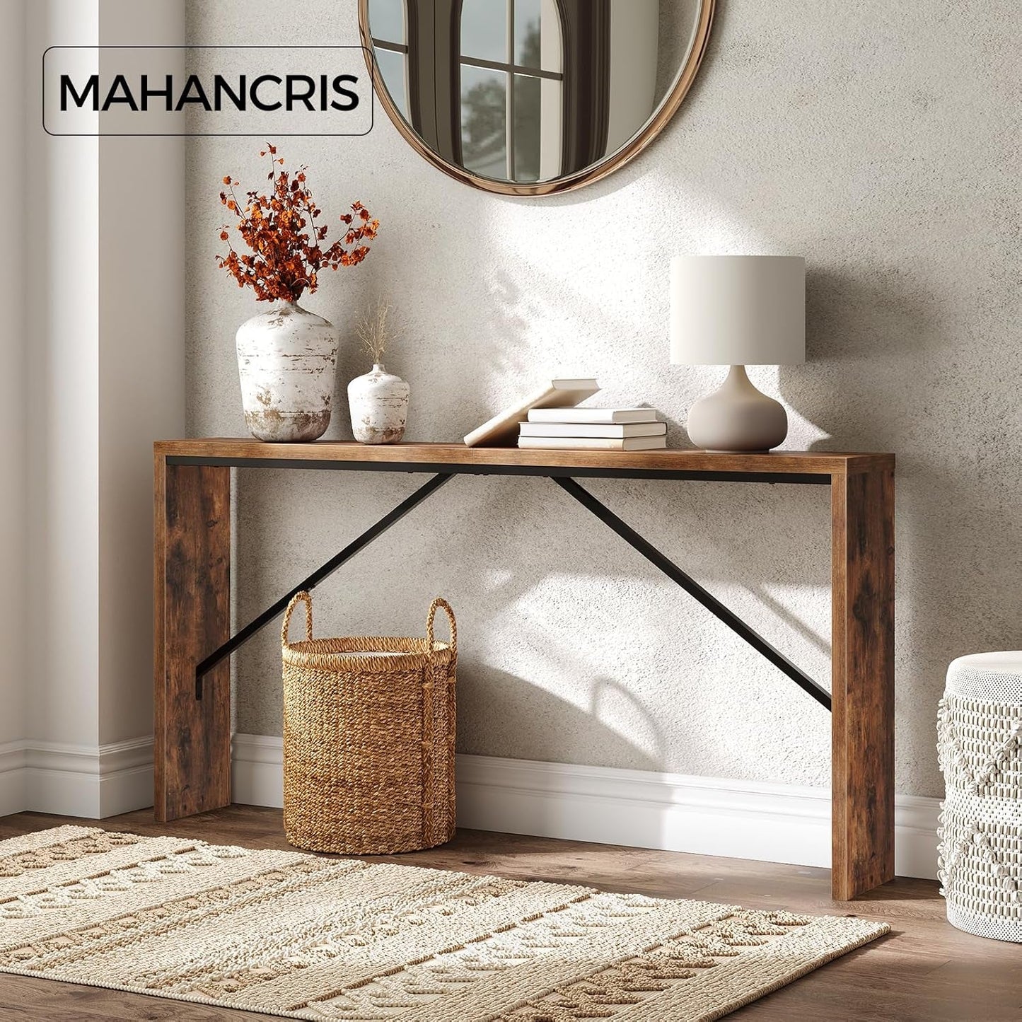 62 Inch Long Rustic Brown Console Table For Entryway