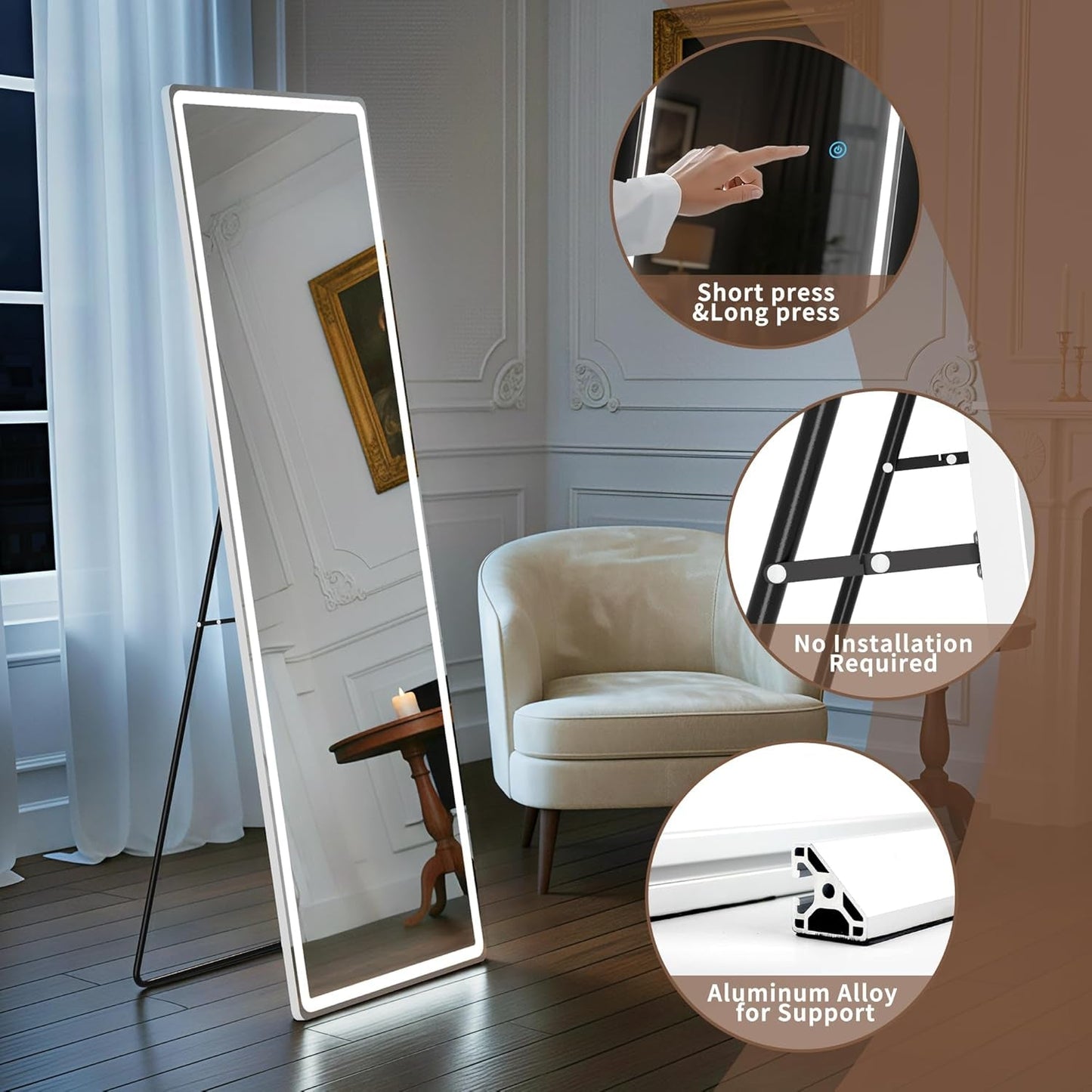 64 Inch Full Length Mirror With LED Lights Aluminum Frame 3 Color Temperatures