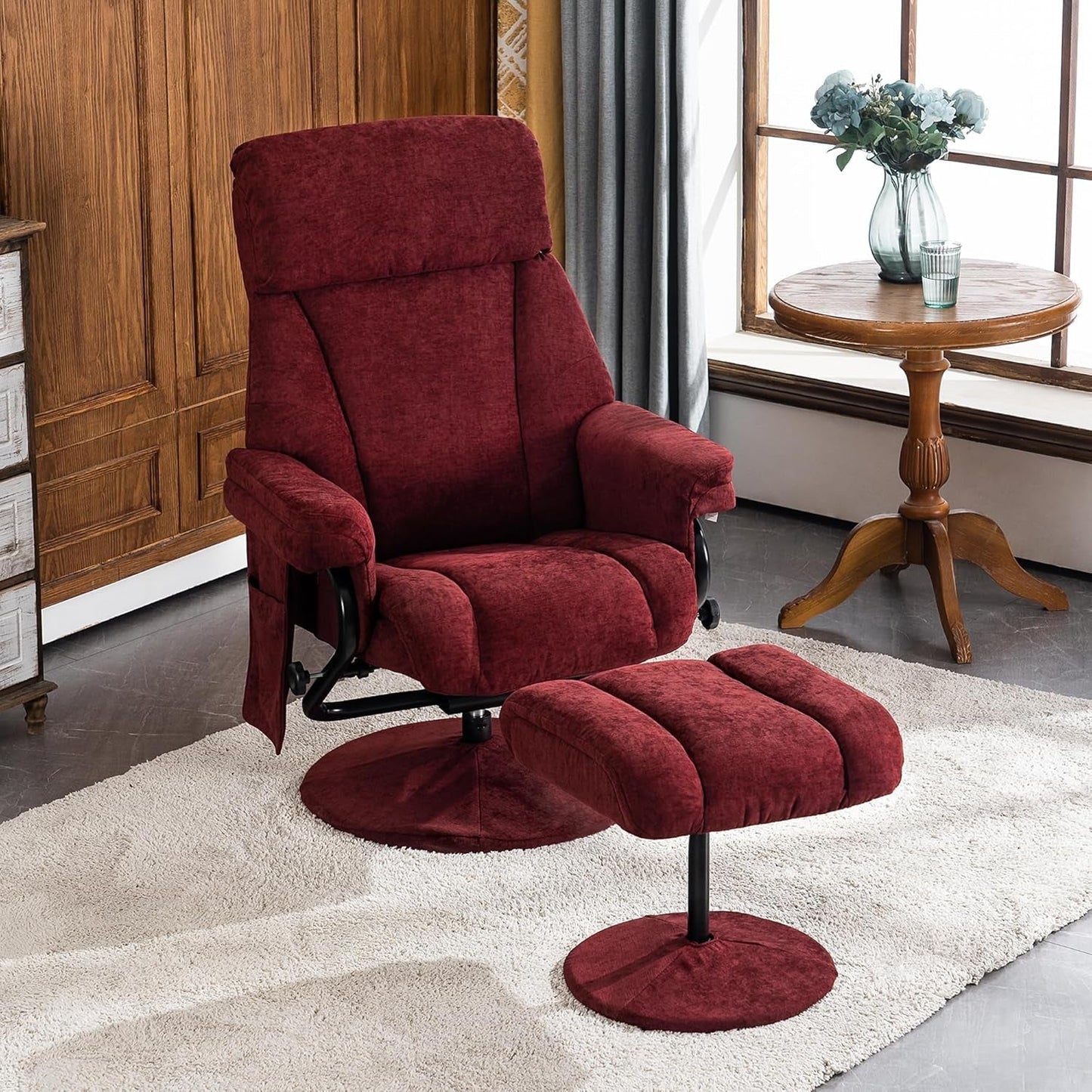 Burgundy Swivel Recliner With Ottoman Massage For RV