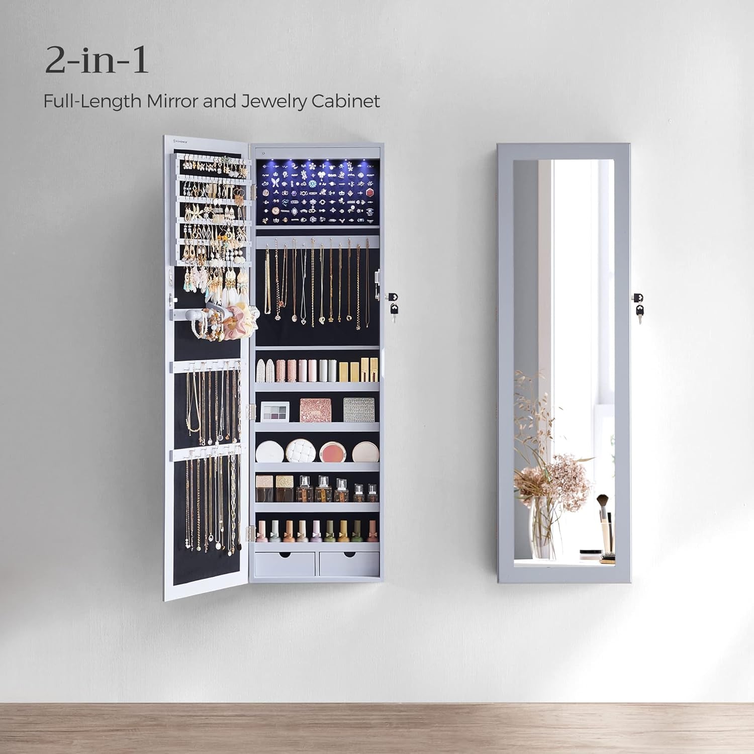 Tall Lockable Jewelry Cabinet With Mirror Gray showcasing organized jewelry and a full-length mirror.