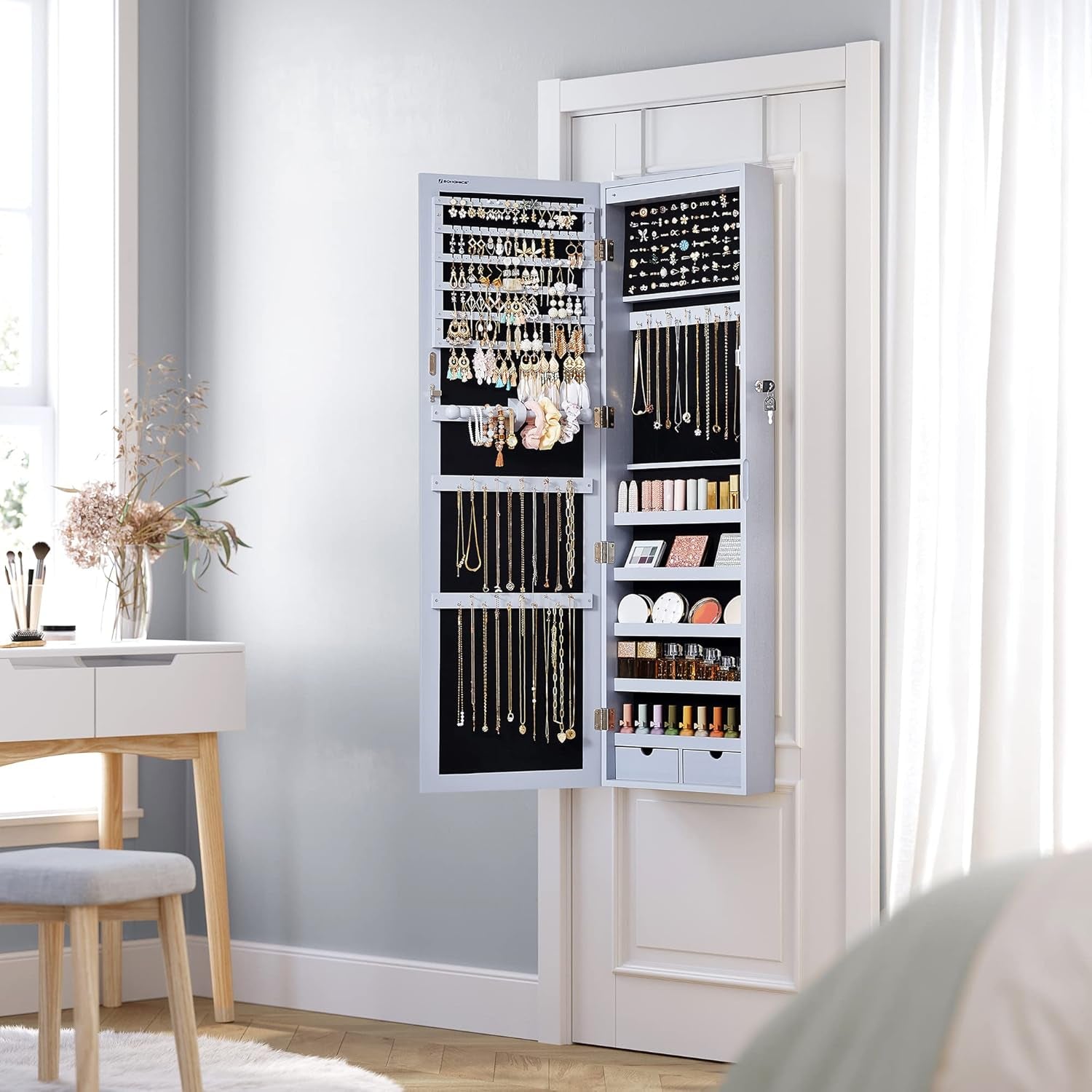 Tall Lockable Jewelry Cabinet With Mirror Gray displayed on a door, showcasing organized jewelry and accessories.