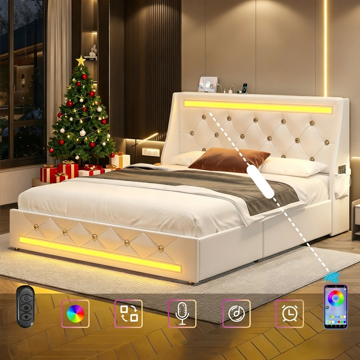 Queen Size Bed Frame with Wingback Upholstered Diamond Headboard