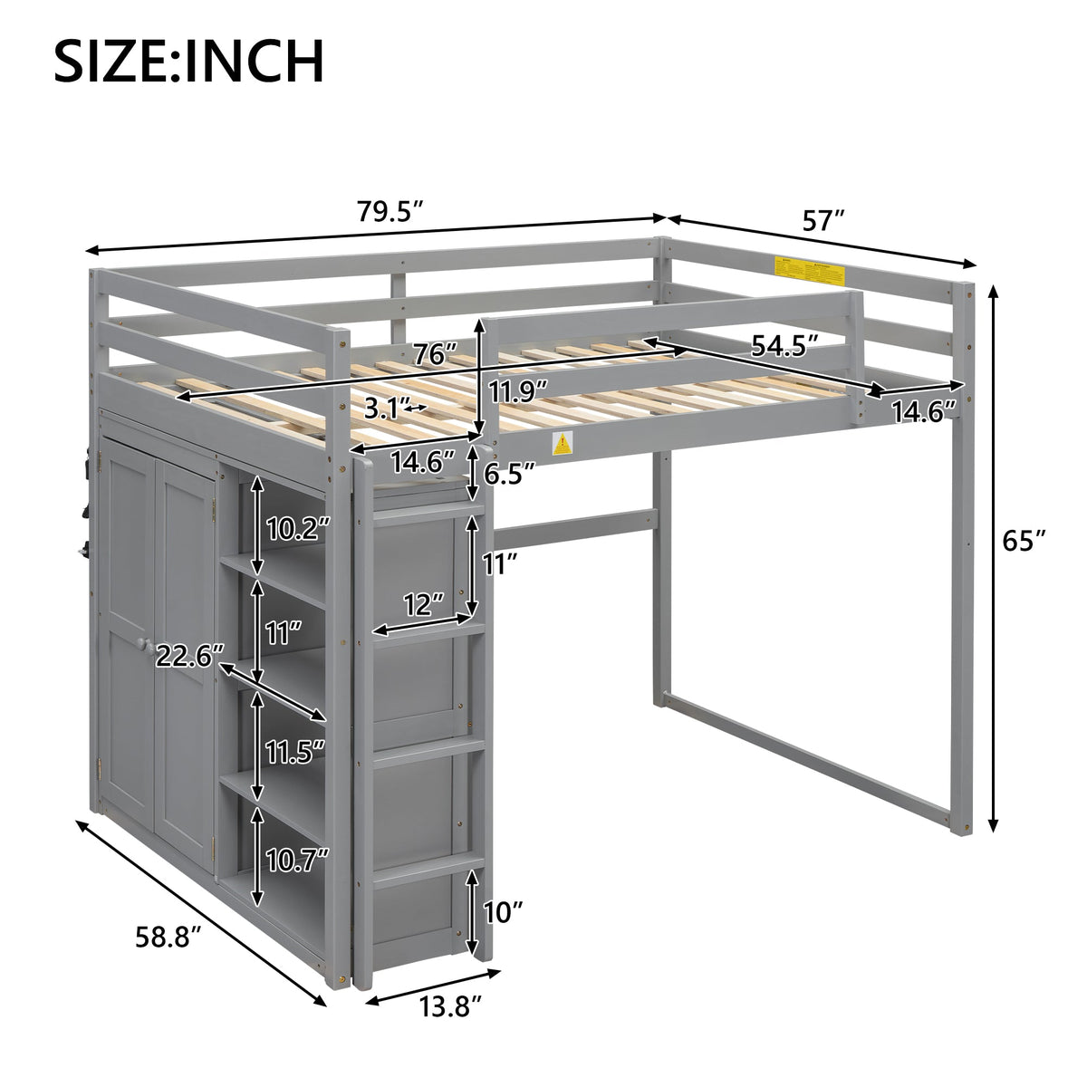 Wood Full Size Loft Bed With Built-in Wardrobe and Storage Shelves