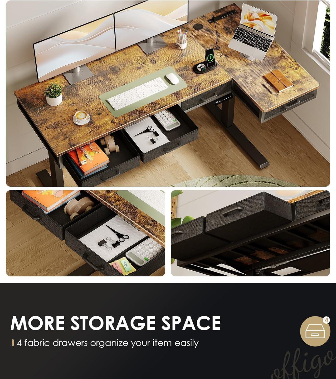 Sixty Three Inch L Shaped Electric Height Adjustable Desk Drawers