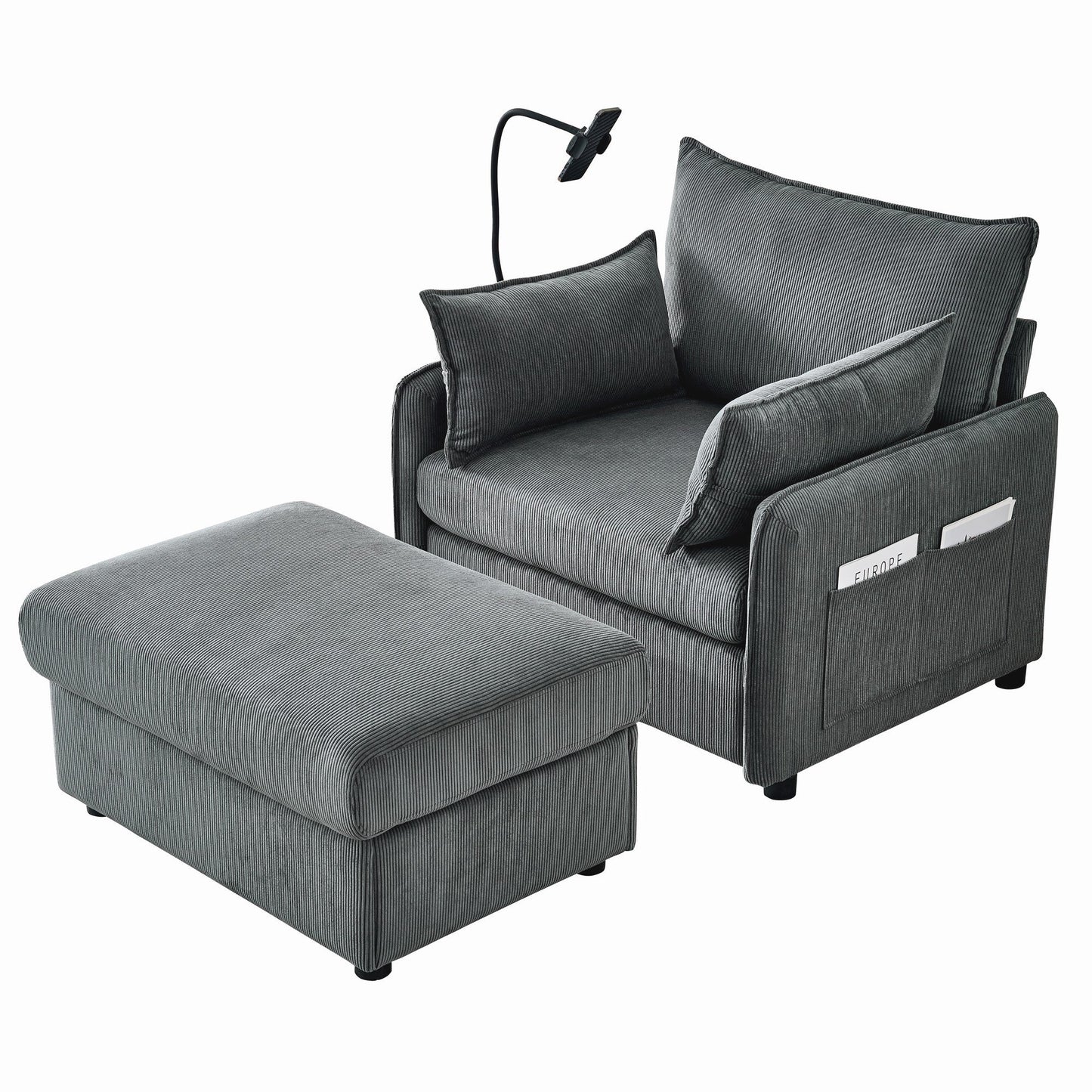 Comfy Corduroy Oversized Chaise Lounge Chair with Ottoman and Storage