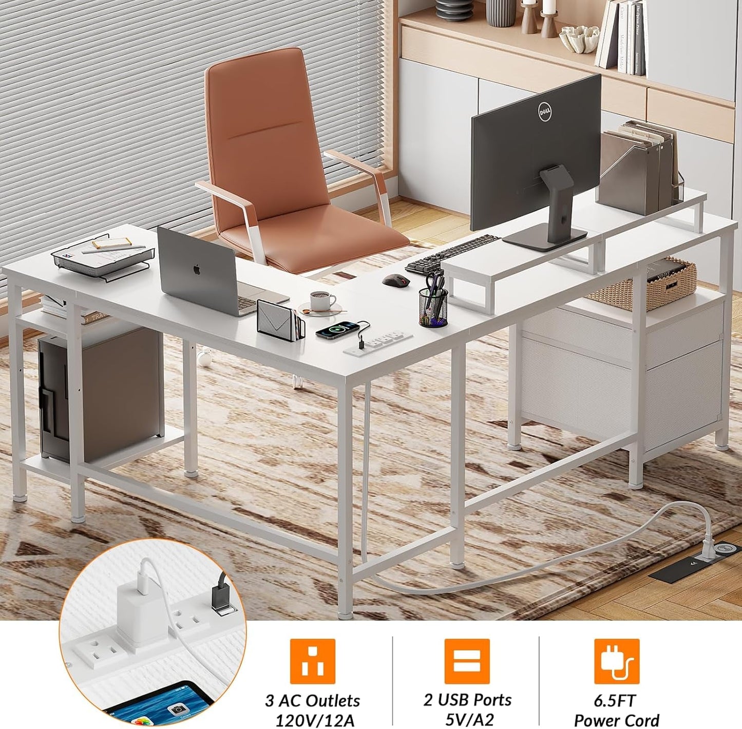 White Fifty Nine Inch L Shaped Desk With Power Outlets