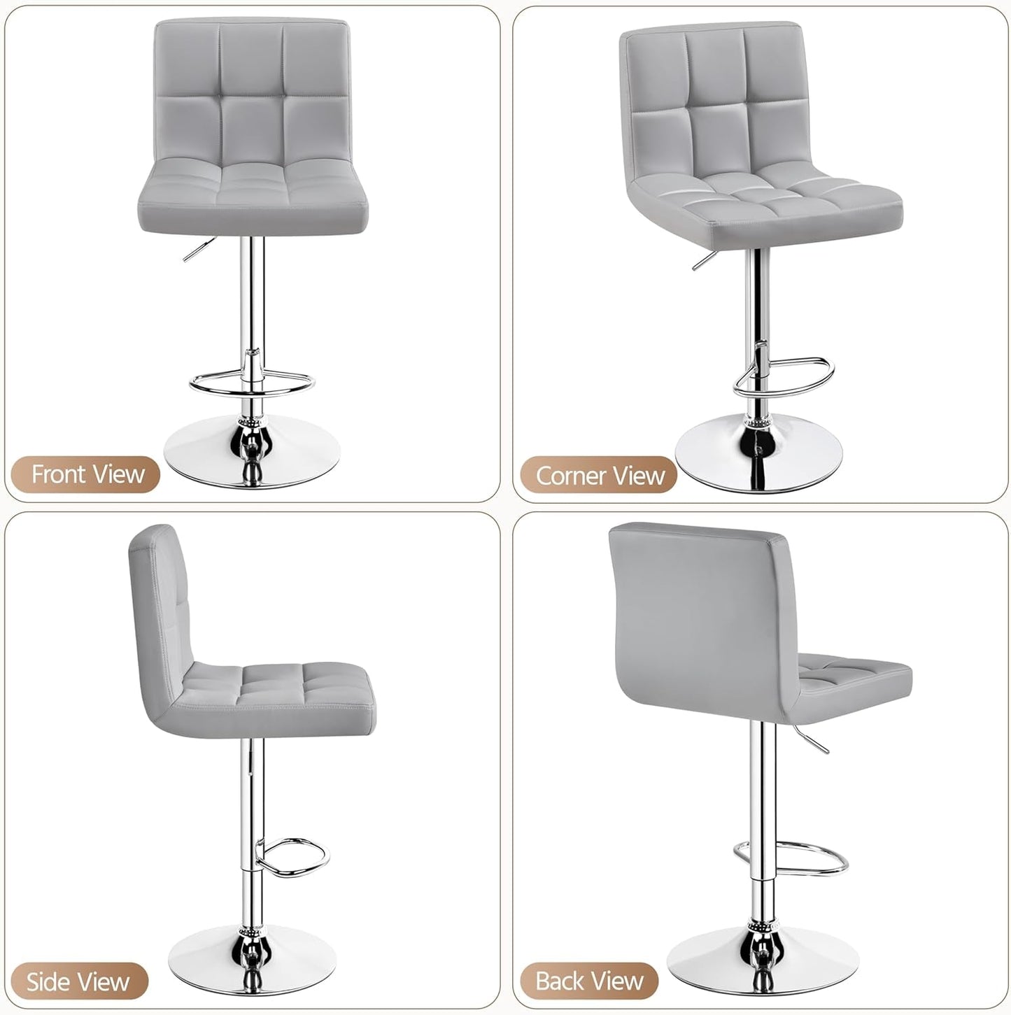 Bar Stools 2 Pack Adjustable Gray PU Leather Counter Height