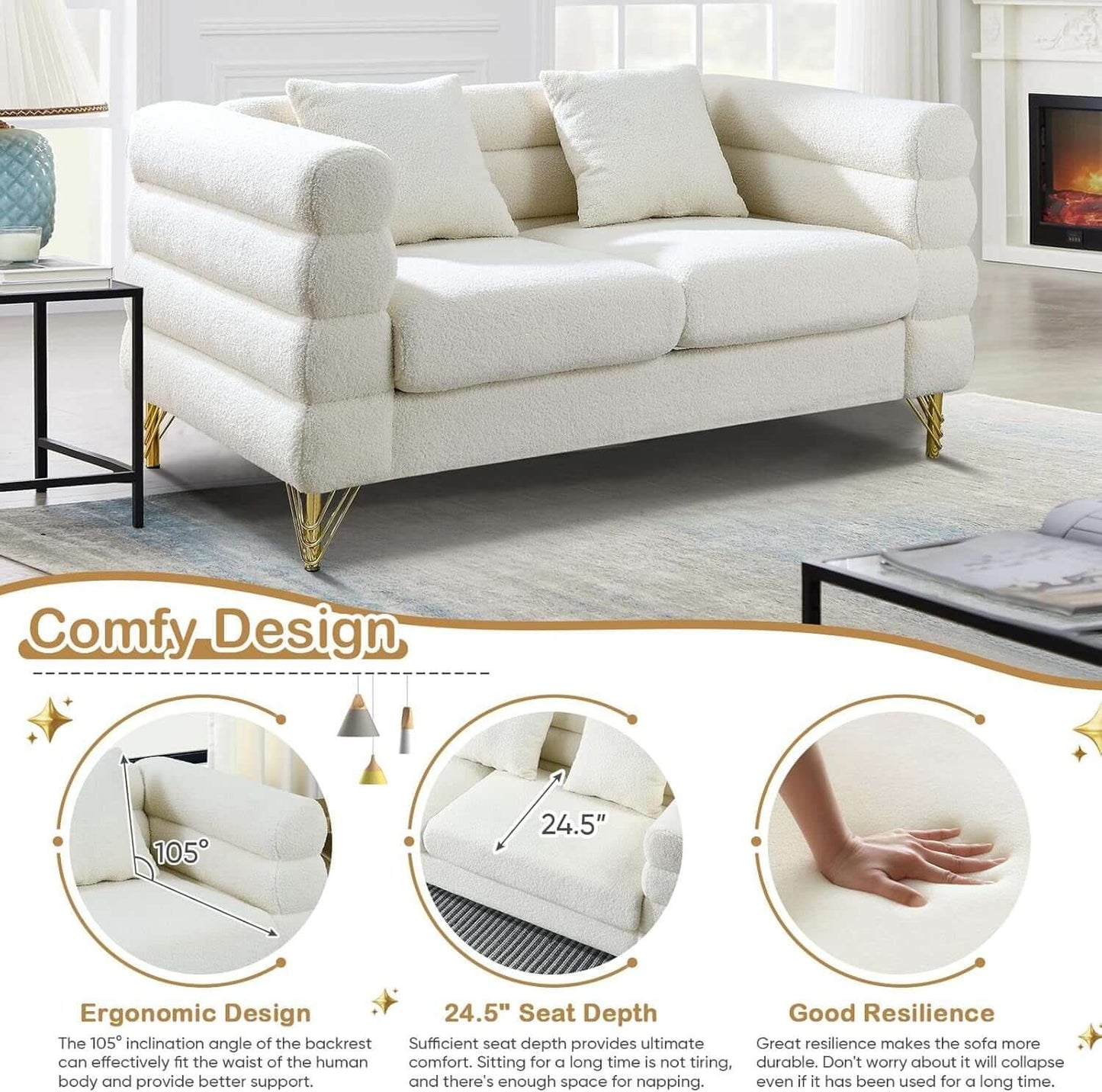 Two Piece Living Room Sofa Set White Teddy Boucle with comfortable loveseat and cushioned design.