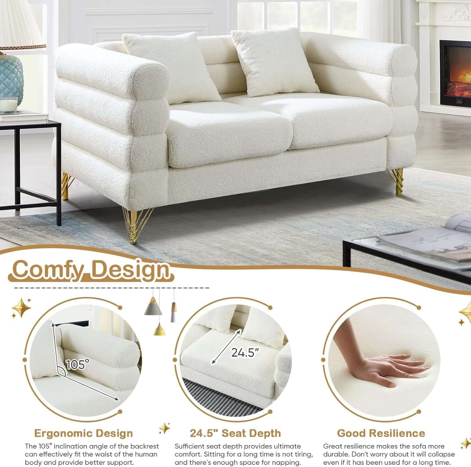 Two Piece Living Room Sofa Set White Teddy Boucle with comfortable loveseat and cushioned design.