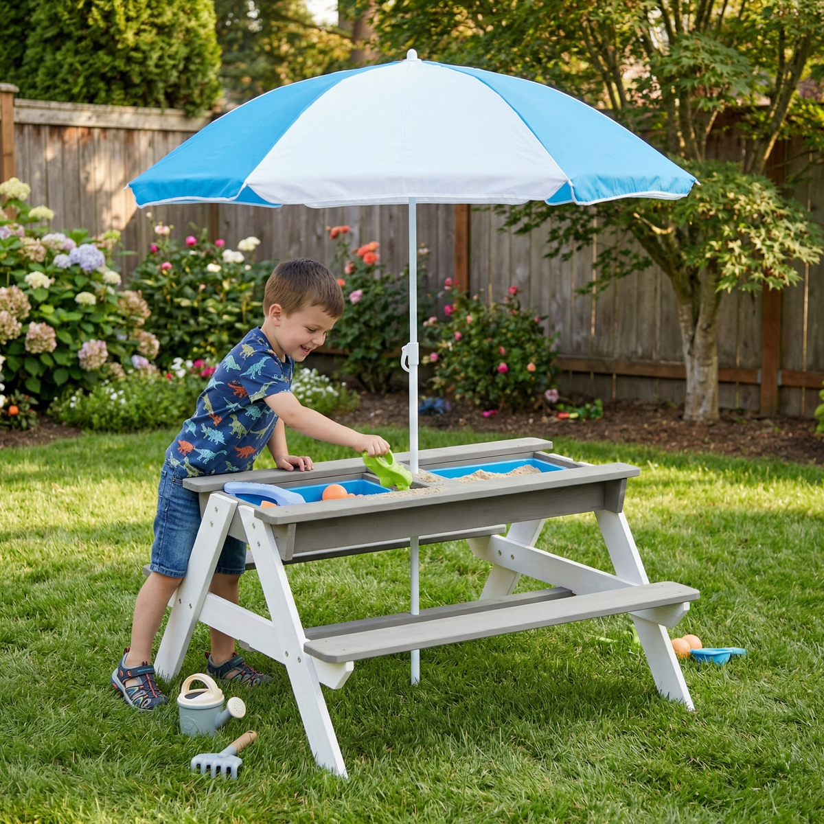 3-in-1 Kids Outdoor Wooden Picnic Table With Umbrella