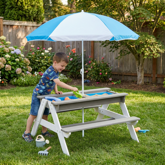 3-in-1 Kids Outdoor Wooden Picnic Table With Umbrella